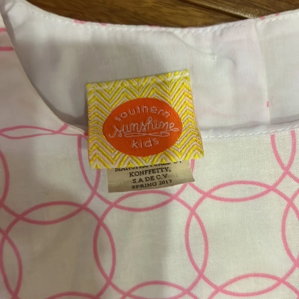 Southern Sunshine Kids White with Pink Circles Sleeveless dress with pink sash 7